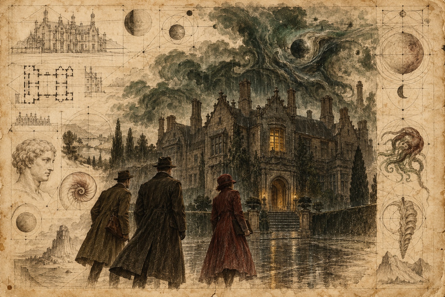 1920s investigators facing an uncanny mansion, rendered in ink and sepia