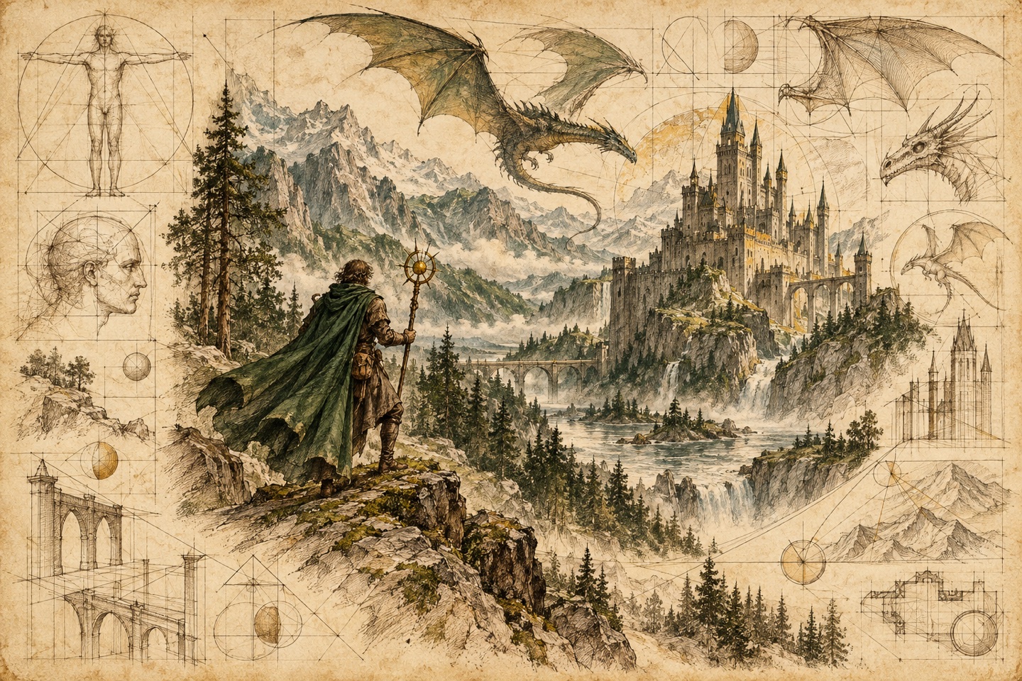 Fantasy traveler approaching a distant citadel, drawn as a Renaissance notebook study