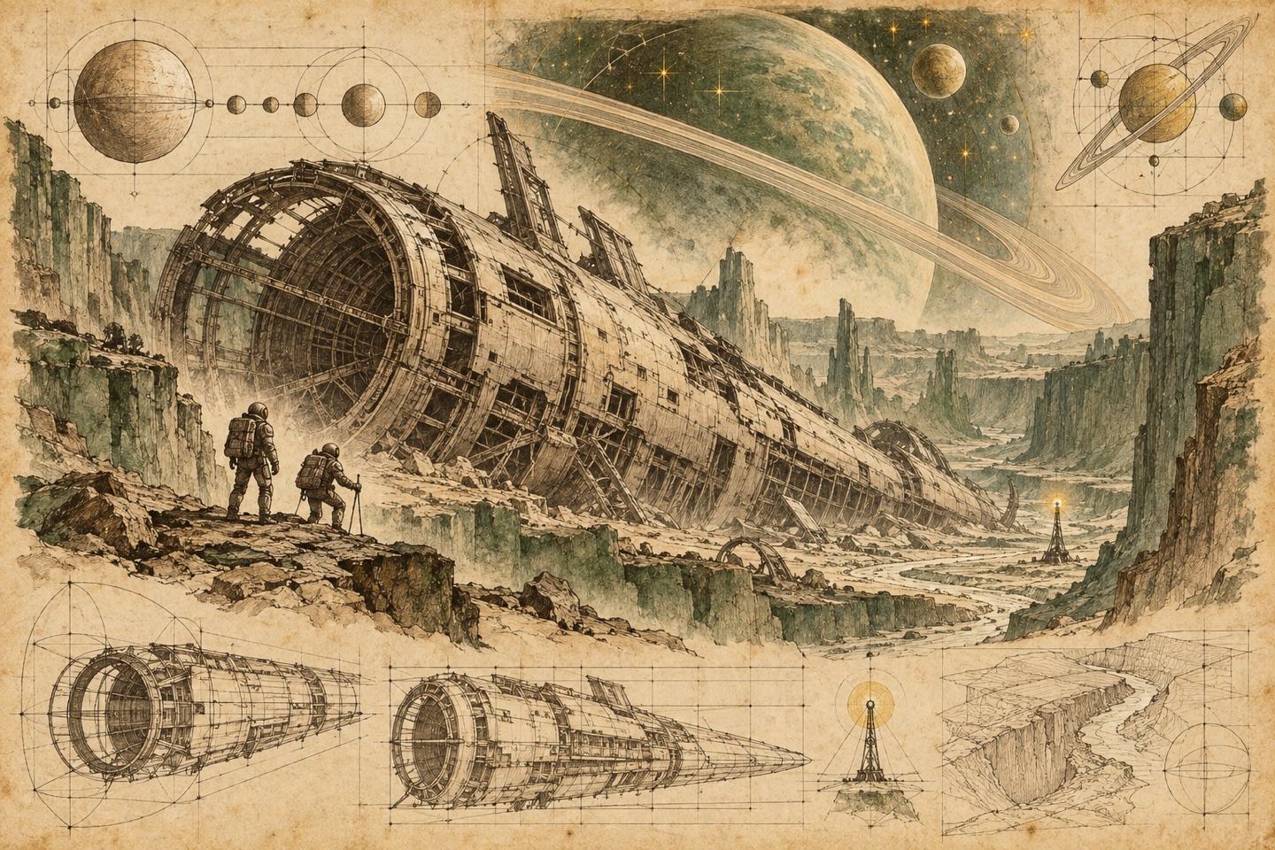 Explorers studying a spacecraft wreck beneath a ringed planet, rendered as an inventor’s sketch